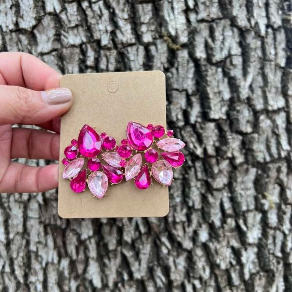 Pink Crystal Cluster Earrings Gold Tone Teardrop Statement - Picture 9 of 13